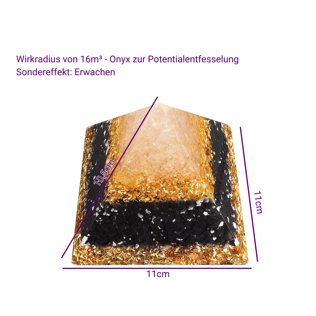 Gold Onyx Orgonitpyramide - Selbstbewusstsein, Erwachen