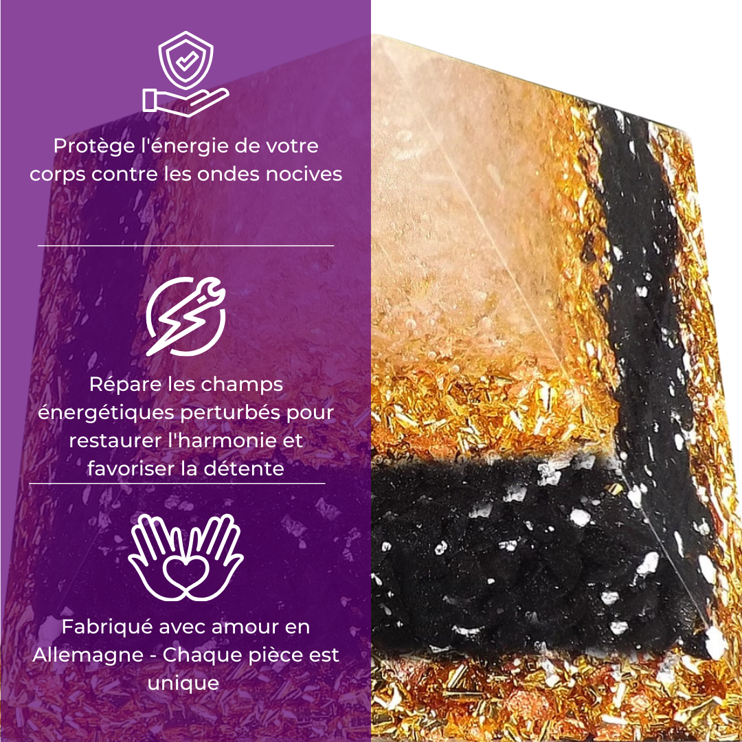 Pyramide Orgonite Onyx Doré - Confiance en soi, Éveil