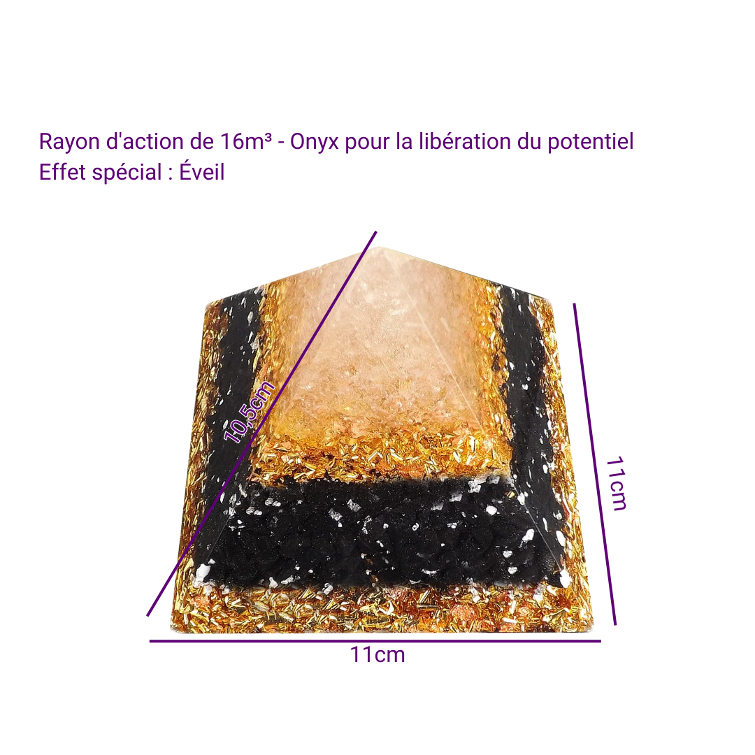 Pyramide Orgonite Onyx Doré - Confiance en soi, Éveil