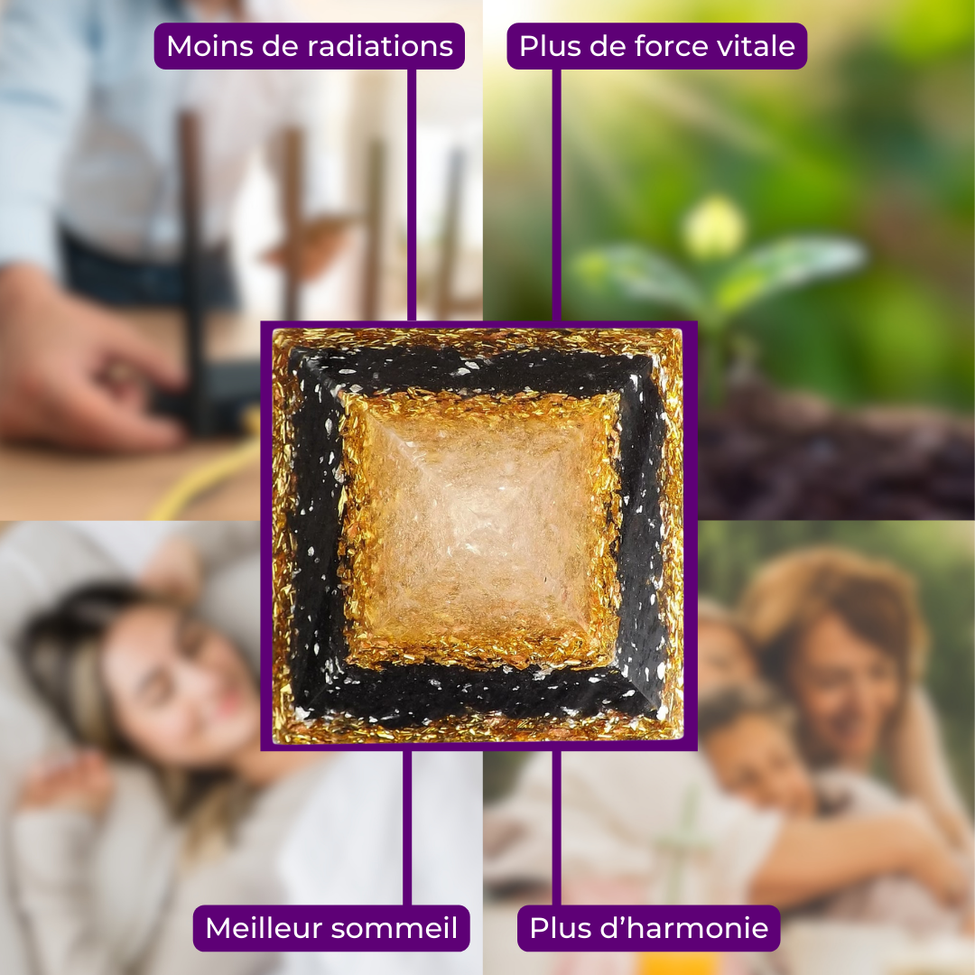 Pyramide Orgonite Onyx Doré - Confiance en soi, Éveil