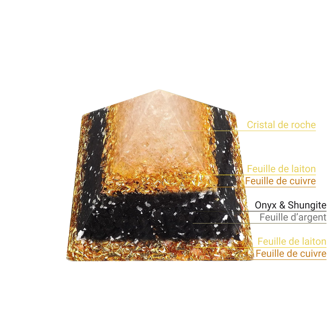 Pyramide Orgonite Onyx Doré - Confiance en soi, Éveil